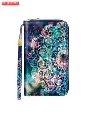 Large RFID Blocking Zip Around Wallet with Wristlet Strap Faux Leather Mandala